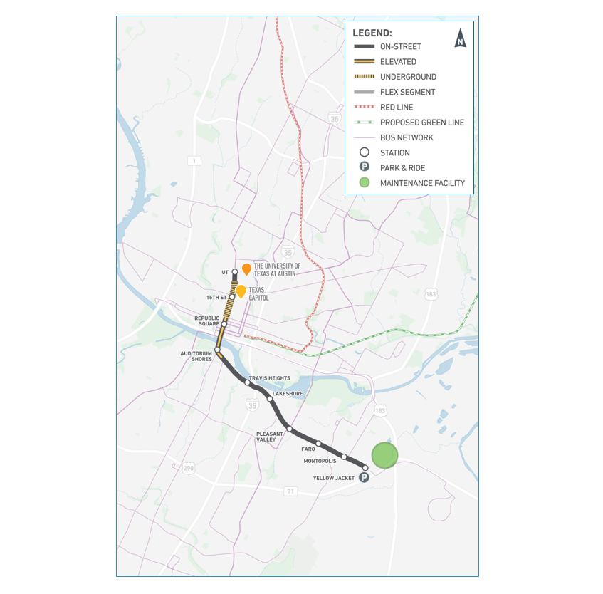 Light rail option 5: Partial Underground: UT to Yellow Jacket map