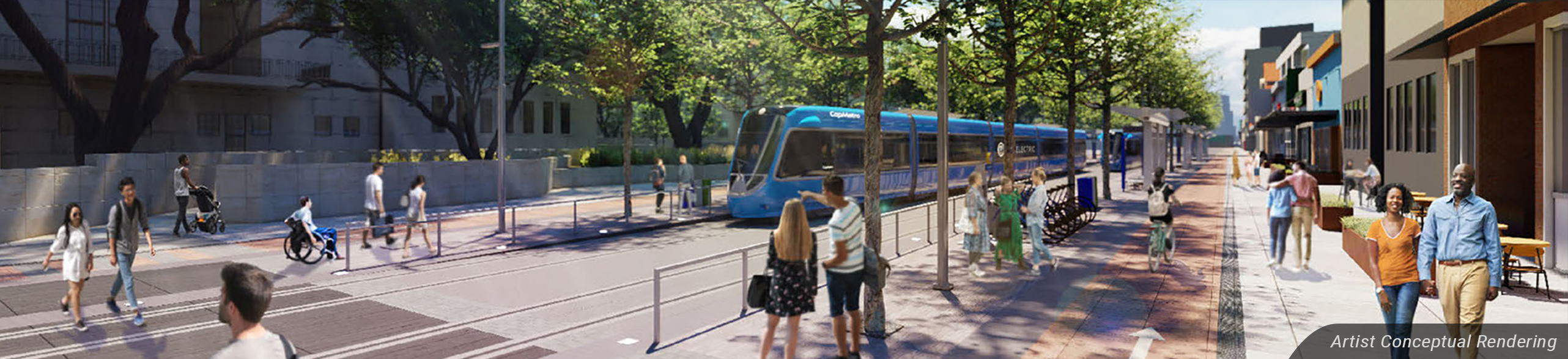 Artist conceptual rendering of light rail on 'The Drag'
