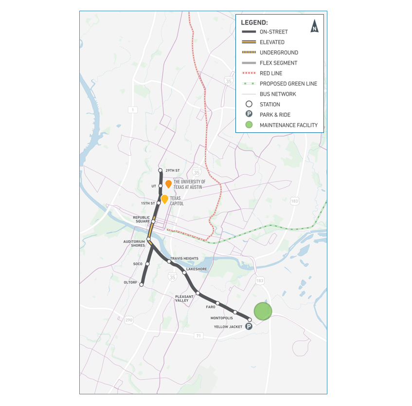 Light rail option 4: partial elevated: 29th to Oltorf to Yellow Jacket map