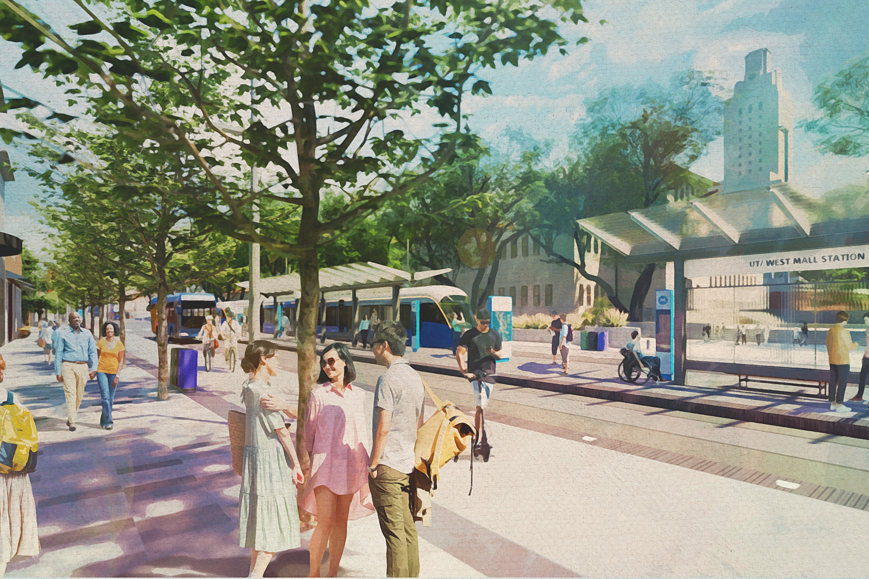 Artist conceptual rendering of light rail on Guadalupe St. 